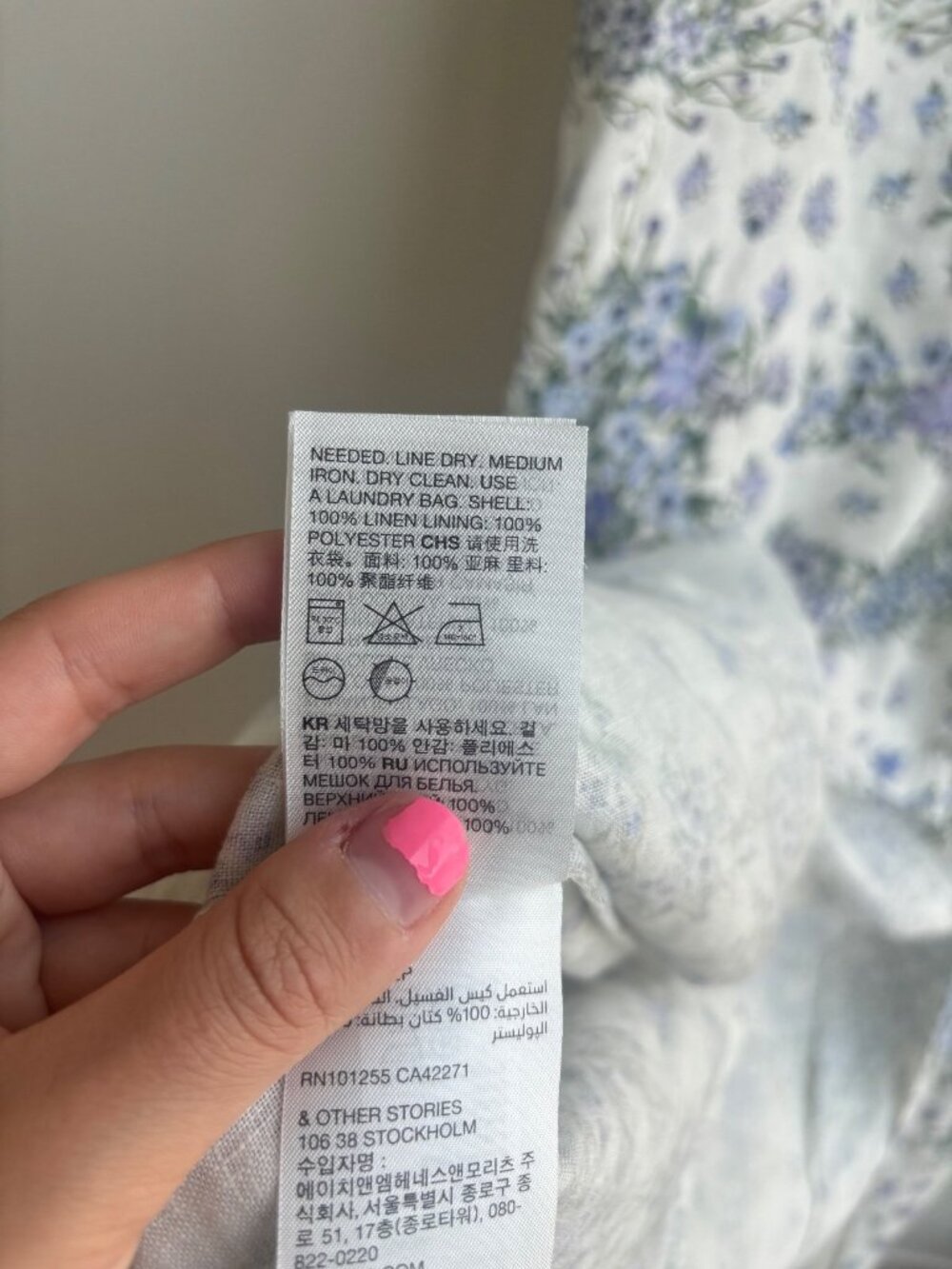 & Other Stories Linen Puff Sleeve Smocked Midi Dress | Blue Floral | Size US 8 - Picture 5 of 6